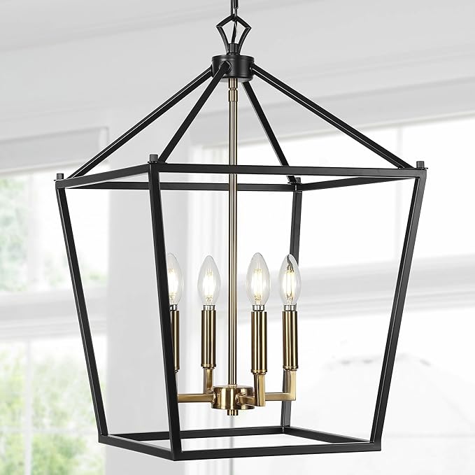 JONATHAN Y 16" Oil Rubbed Bronze/Brass Gold Lantern Pendant Light, 1-Light Pagoda Style Metal Cage Farmhouse Hanging Ceiling Fixture for Kitchen Island, LED Bulb Included (JYL7437D)