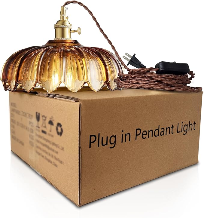 XZHGCEE Hanging Lamp Plug in Pendant Light: Amber Glass Hanging Lamp Plug in, 14.7ft Swag Lamp Cord with On/Off Switch for Kitchen Island/Dining Room/Bedroom/Living Room Hanging Light, No Bulb