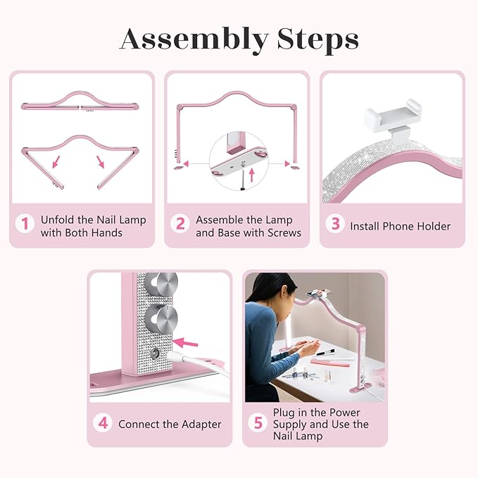 Yokilly Arc Half Moon Light: 34" Shadow-Free Half Moon Light for Desk Salon - Foldable LED Desk Lamp with Stepless Brightness for Manicurist (Rose Pink)