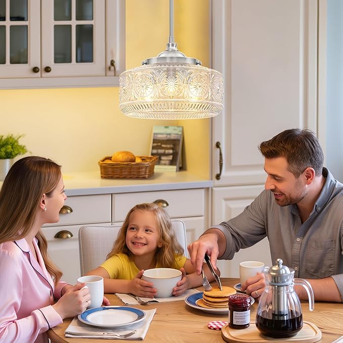 Vintage 3 Lights Drum Pendant Lights Kitchen Island with Etched Glass Shade, Adjustable Height Brushed Nickel Pendant Light for Kitchen Island, Dining Room,Bedroom,Hallway, E12 Base,Bulbs Not Included