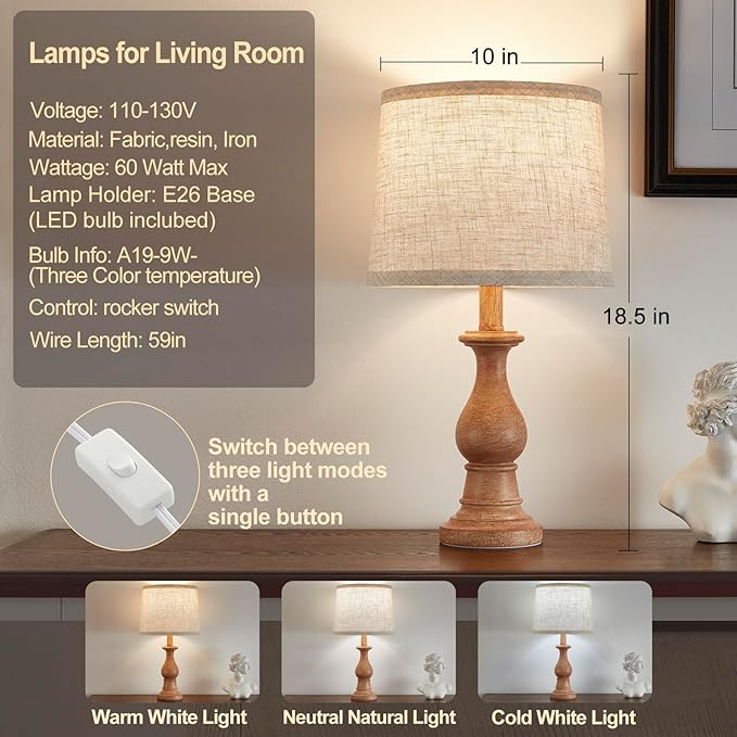Vintage Table Lamp for Living Room Bedroom, 18.5" Farmhouse Bedside Lamps Nightstand Lamp Set of 2, Table Lamps with Oatmeal Linen Lamp Shades, 2 LED Bulbs Included, Wood Grain