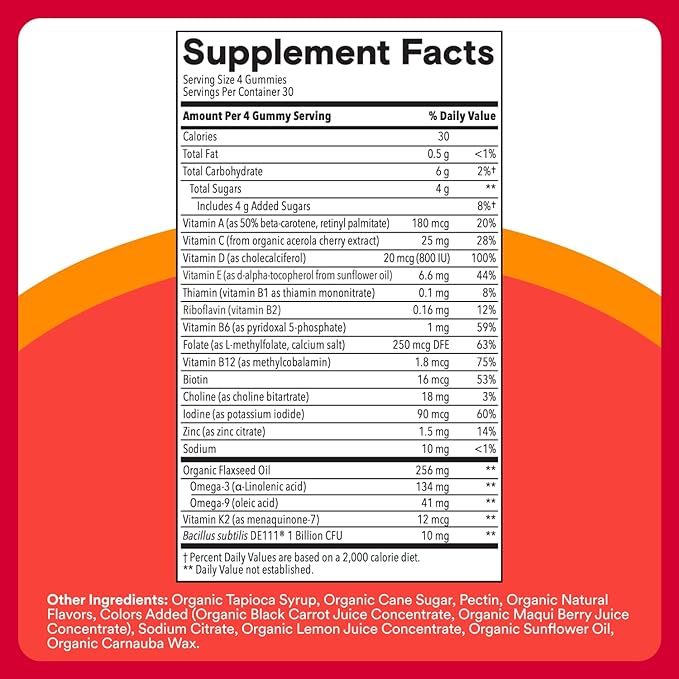 SmartyPants Complément alimentaire pour enfants – Multivitamines biologiques, probiotiques, oméga 3 (ALA), vitamines D3, C, B12, B6, A, K, zinc pour le soutien immunitaire, biotine, 3 saveurs de fruits, 120 gommes (30 jours d'approvisionnement)