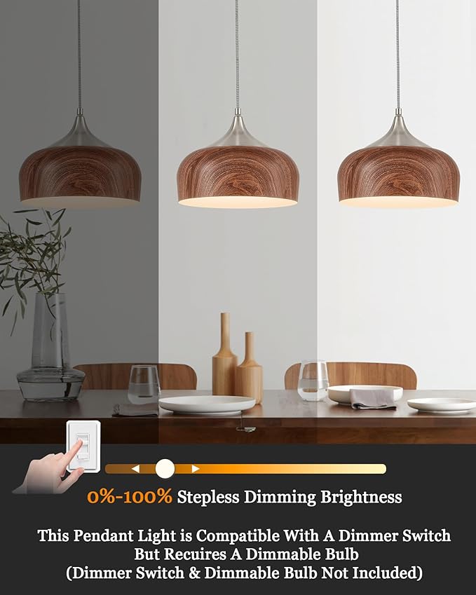 ELYONA Brushed Nickel Pendant Light Wooden Pattern Dome Pendant Light Fixture Nickel Metal Modern Adjustable Hanging Lighting for Kitchen Island Dining Room Office Hallway Foyer Bedroom, 12 Inch