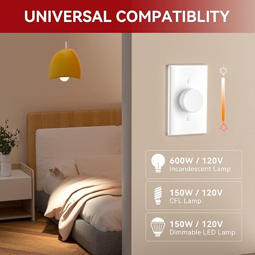 AIDA Digital Light Toggle Dimmer Switch for Dimmable LED, CFL & Incandescent Bulbs, Single Pole/3-Way, Screwless Wall Plate Included, UL Listed, No Neutral Wire, 4 Pack