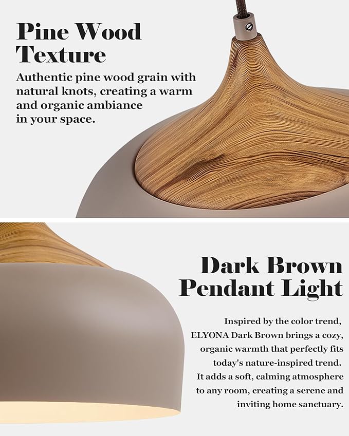 ELYONA 12 Inch Japandi Pendant Light, Farmhouse Pendant Light Fixture with Faux Pine Wood Grain Metal Shade, Adjustable Hanging Light for Kitchen Island Dining Room Bedroom Sloped Ceiling, Dark Brown