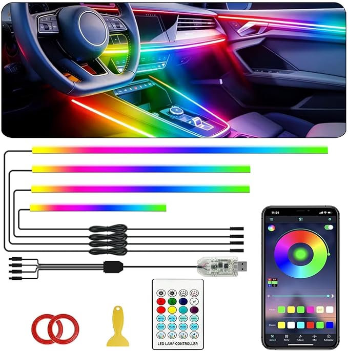 Acrylic Interior Car LED Strip Light with APP Remote Control, 4 in 1 RGB Dreamcolor Neon Flexible Strip Fiber Optic LED Ambient Lighting Kits,RGB Music Lights Sync for Inside car Decorations