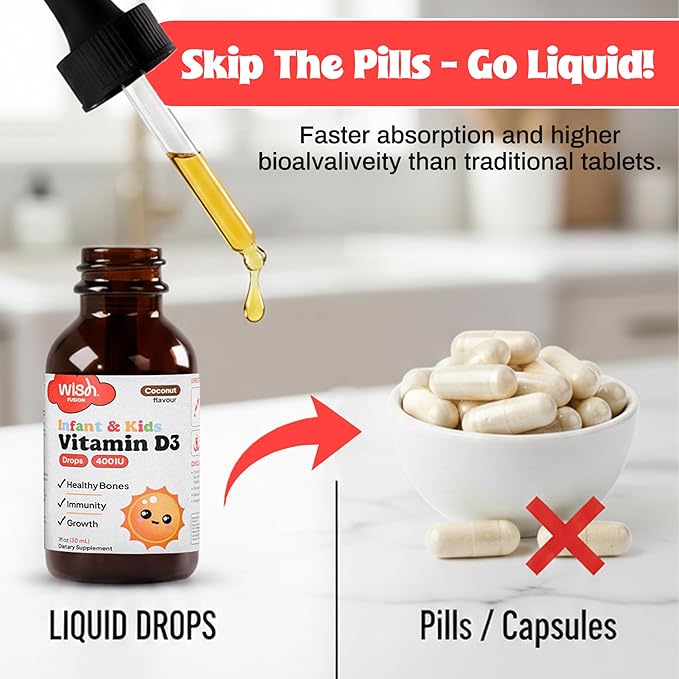 Kids Vitamin D Drops for Infants, Baby Vitamin D Drops for Bone Health, Immunity & Growth, Vitamin D3 Liquid Drops for Toddlers, Easy Absorption, 2 x 30ml Bottles