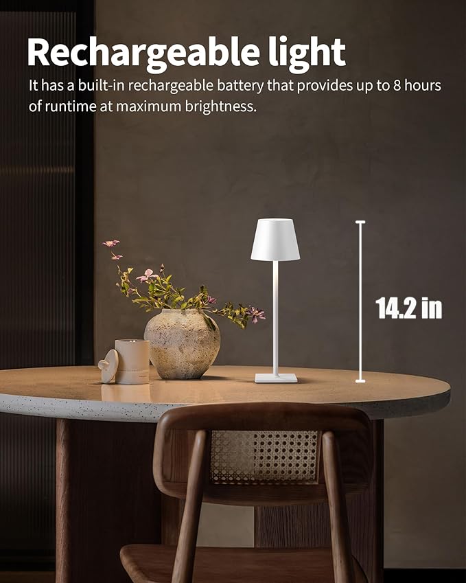 KDG 2 Pack Cordless Table Lamp, Portable LED Desk Lamp, 5000mAh Battery Operated, 3 Color Stepless Dimming Up, for Restaurant/Bedroom/Bars/Outdoor Party/Camping/Coffee Shop Night Light(White)