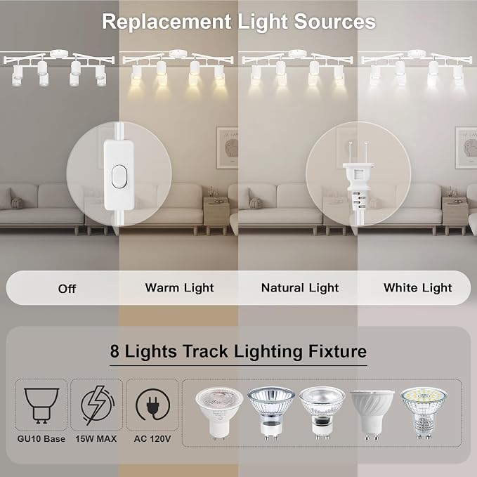 Plug in Track Lighting LED, Track Lighting Fixtures Ceiling, White 8-Light Kitchen Light Kit, Plug in Wall Light with 14.8ft Power Cord, Rotatable Ceiling Spotlight for Bedroom(GU10 Socket, NO Bulb)