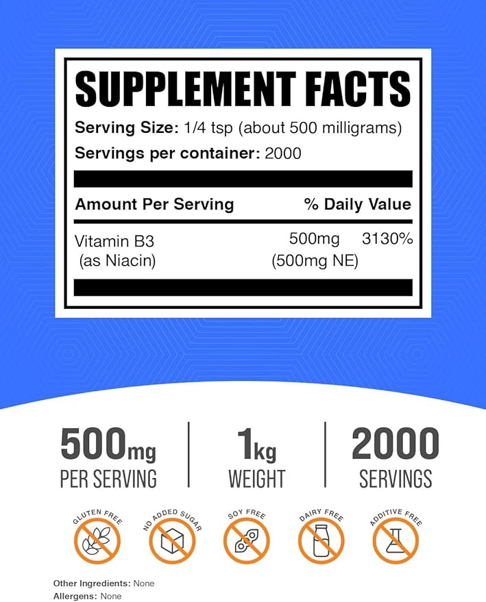 BulkSupplements.com Poudre de Niacine - Complément de Vitamine B3, Niacin Flush - Sans Gluten, 500 mg par Portion, 1 kg (2,2 lbs) (Paquet de 1)