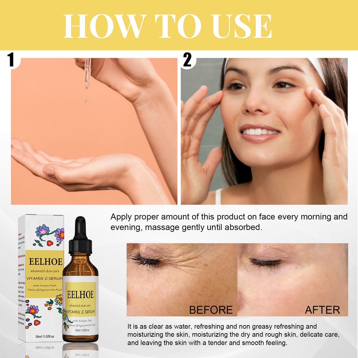 Sérum Éclat Vitamine C EELHOE, Éclaircit la Peau, Hydrate, Resserre les Pores, Raffermit et Anti-Rides