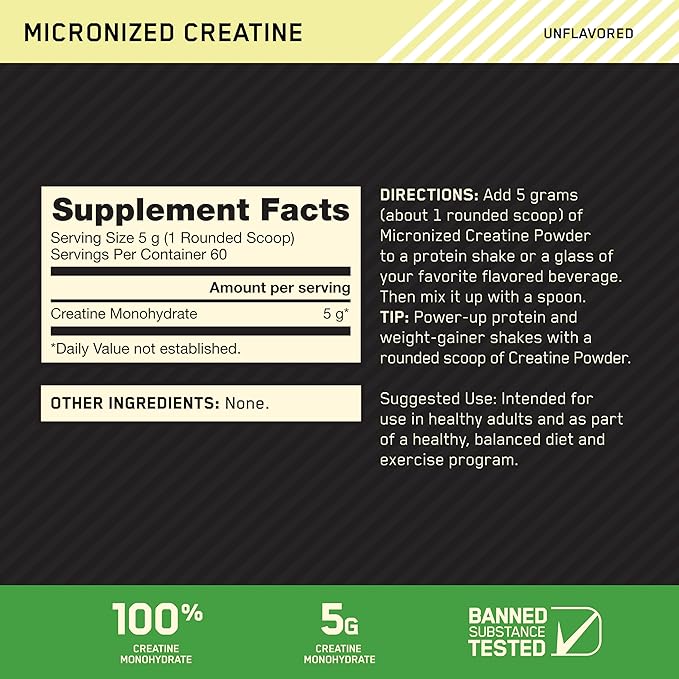 Optimum Nutrition Micronized Creatine Monohydrate Powder, Unflavored, 60 Servings, 300 Grams (Packaging May Vary)