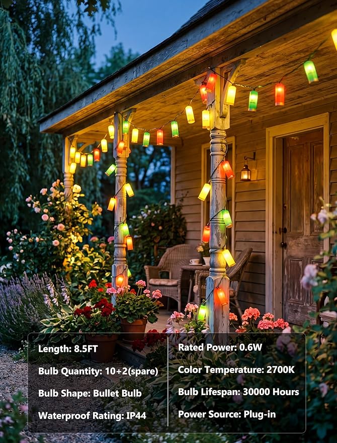 Multicolor Shotgun Shell String Lights Plug in, 8.5Ft Outdoor Christmas Decorations Lights with 10 LED 3D Bullets Lights, Hanging Novelty Bullets Shell Light for Outdoor Patio Garden Backyard Party
