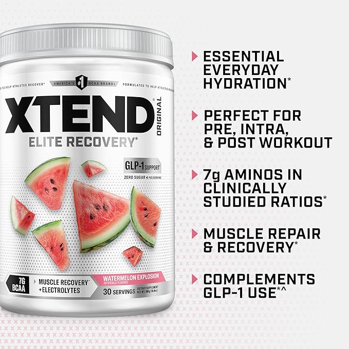 Xtend Original BCAA Powder, 7g BCAAs and 2.5g L-Glutamine for Muscle Recovery Hydration and Lean Muscle, Sugar Free Intra and Post Workout Drink with Electrolytes, Watermelon Explosion, 30 Servings
