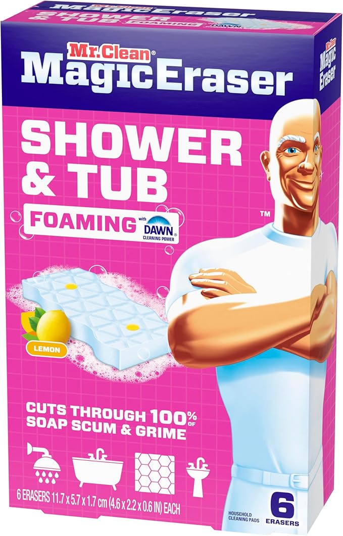 Éponge magique effaceur de taches Mr. Clean, nettoyant pour salle de bain, douche, baignoire, éliminateur de résidus de savon, fournitures de nettoyage de salle de bain, puissance de nettoyage Dawn avec parfum de citron, douche et baignoire, 6 unités