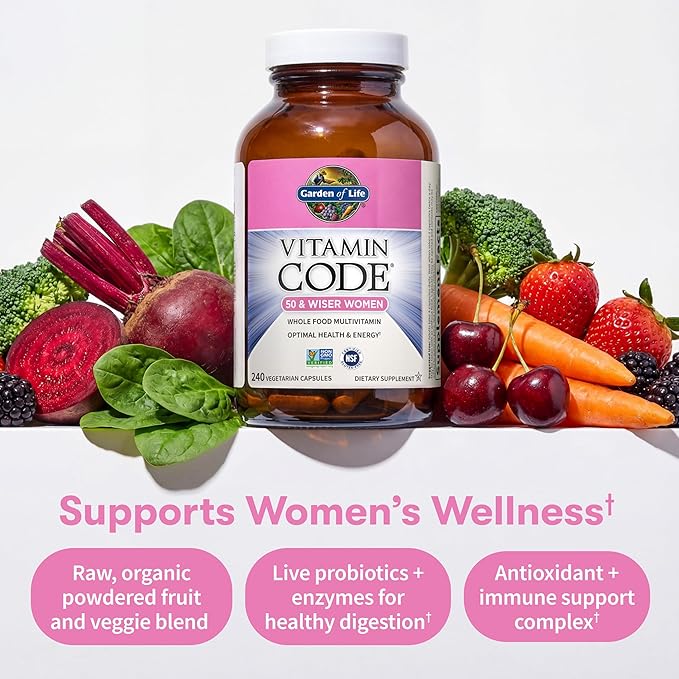 Garden of Life Vitamin Code Multivitamines pour Femmes de 50 ans et plus, Vitamines B, A, C, D3, E et K, CoQ10, Probiotiques et Enzymes, pour Femmes de 50 ans et plus, 240 Gélules