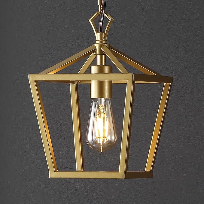 JONATHAN Y 8" Gold Painting Lantern Pendant Light, 1-Light Pagoda Style Metal Cage Farmhouse Hanging Ceiling Fixture for Kitchen Island, LED Bulb Included (JYL7618B)