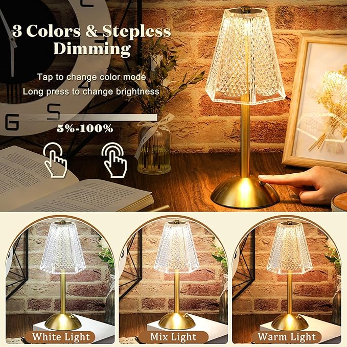 Liliful 2 Pcs Cordless Table Lamp Rechargeable Touch LED Small Gold Portable Battery Operated USB-c Desk Lamp 3 Color Dimmable for Bedroom Living Room Dining (Gold,Hexagonal Diamond Style)