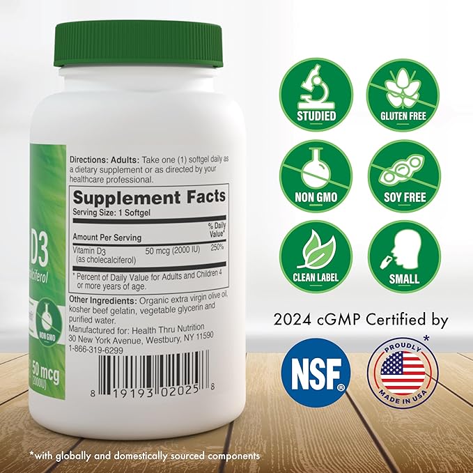 Health Thru Nutrition Vitamine D3 2000 UI 365 Mini Gélules pour un Maximum de Bénéfices | Approvisionnement Annuel | 50mcg Cholécalciférol | Testé par un Tiers | Sans OGM Qualité USP dans Huile d'Olive Extra Vierge | Soutien du Système Immunitaire