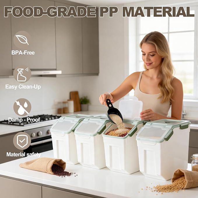 RUIAN Large Airtight Storage Container,25lb Flour Rice Storage Containers Bin with Wheels Seal Locking Lid, with Measuring Cup&Scoop for Flour, Rice, Grain100LBS Total(Green, 4PCS)