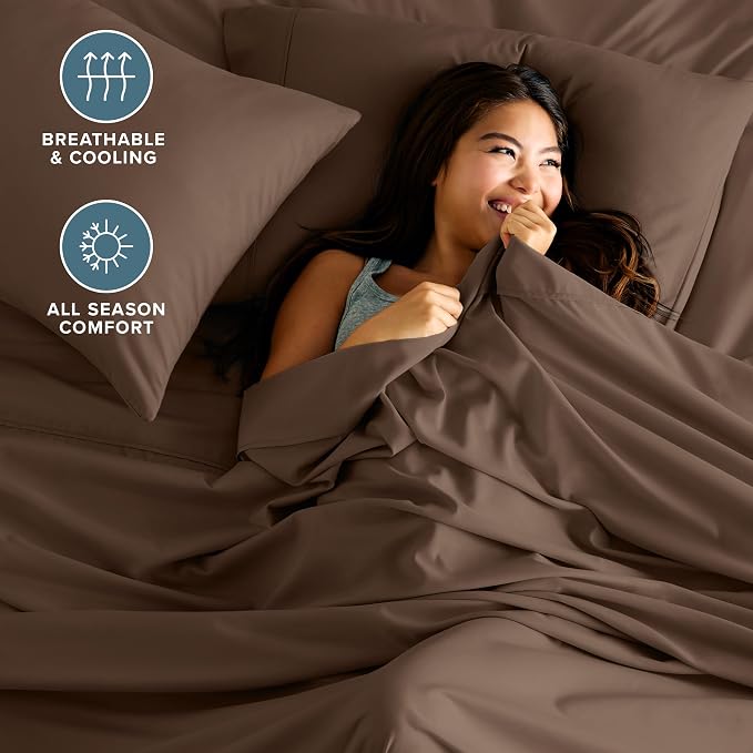 Bare Home Split Head Flex King Sheet Set - 1800 Ultra-Soft Microfiber Bed Sheets - Double Brushed - Deep Pockets - Easy Fit - 4 Piece Set - Bedding Sheets & Pillowcases (Cocoa)