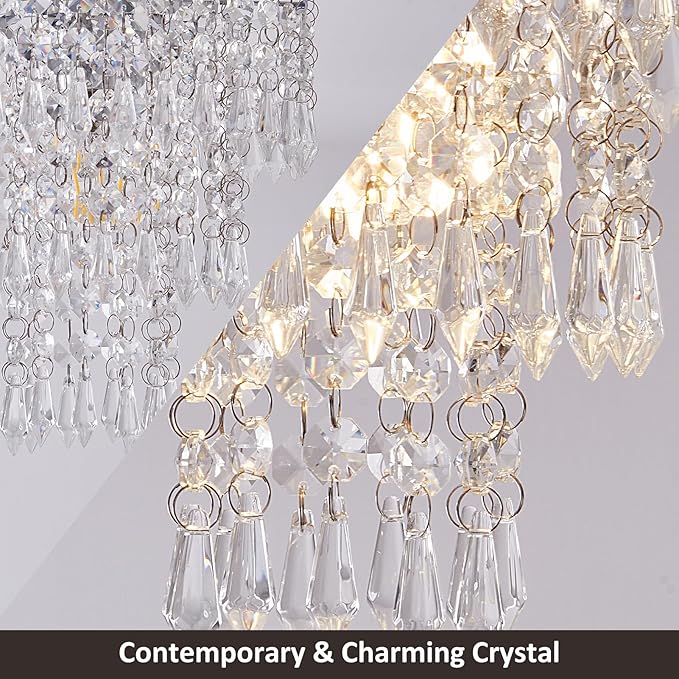 Small Crystal Chandelier, Flush Mount Ceiling Light with 3 Tiers Raindrops Crystal, E26 Base, Mini Chandelier, Ideal for Bedroom, Living Room, Hallway, Bar, Kitchen, Bathroom. D7.9"x H11" (Chrome)