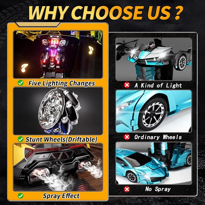 1:10 Big Size Transform RC Car, Gesture Sensing Transformation 2.4GHz Remote Control Car, One Button Deformation to Robot with LED Lights, Transforming Toy Cars Gift for Kids Age 8-12 Years Old Boys