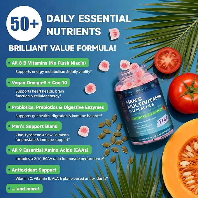 Totaria Multivitamine Sans Sucre pour Hommes avec Oméga 3, Probiotiques, Gummies Multivitaminés pour Hommes avec Complexe B Méthylé, AAE, Lycopène, Zinc, pour Énergie Quotidienne, Immunité, Cœur, Sans Fer, 60 Comprimés