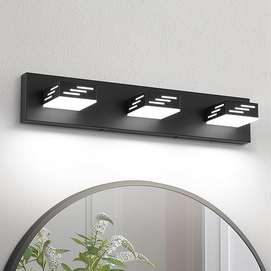 Joosenhouse Modern Black LED Vanity Light for Bathroom, 3-Light Makeup Mirror Light, 24W 6000K Cool White Lighting Fixture