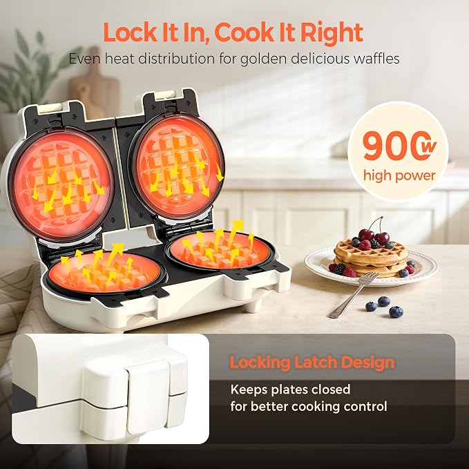 2-in-1 Double Waffle & Pancake Maker - CACHOO Mini 4" Nonstick Waffle Iron & Small Round Griddle with 4 Removable Plate Sets, Dishwasher Safe, Perfect for Small Spaces, Apartments & Dorms, Beige
