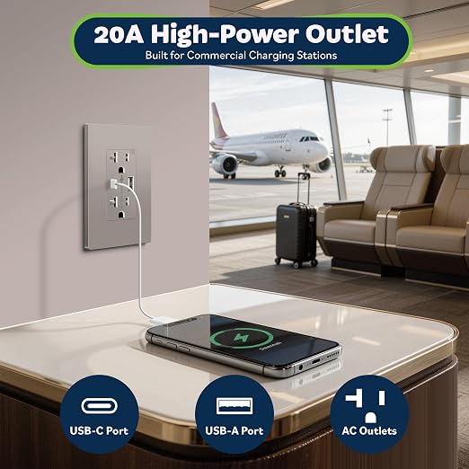 TOPGREENER 2-Port USB Outlet, 4.2A Type A & Type C USB Wall Outlet, 20 Amp TR Receptacle Plug, Charging Power Outlet with USB Ports, Wall Plate Included, UL Listed, TU22036AC-NKWSI, Nickel