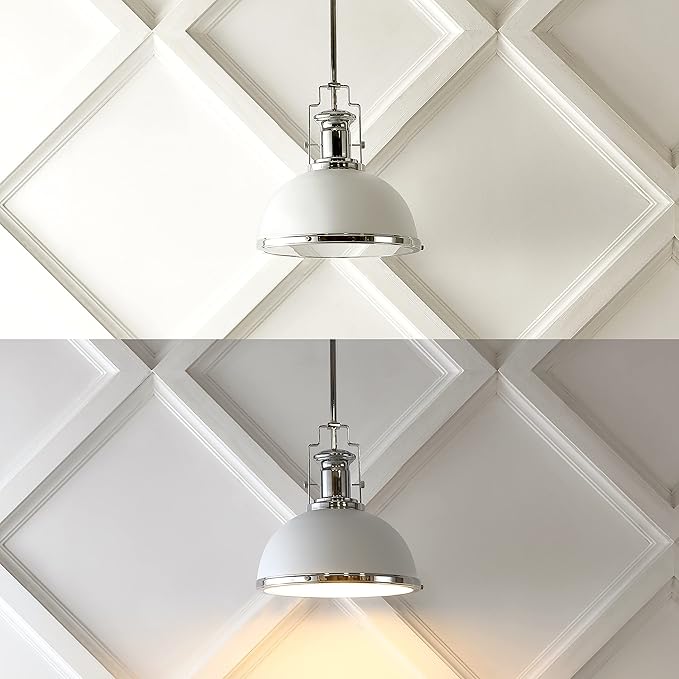 JONATHAN Y 13" Chrome/White Modern Industrial Iron LED Dome Pendant Light, Adjustable Hanging Fixture for Kitchen Island or Entryway, White Metal Shade, LED Bulb Included (JYL9536C)