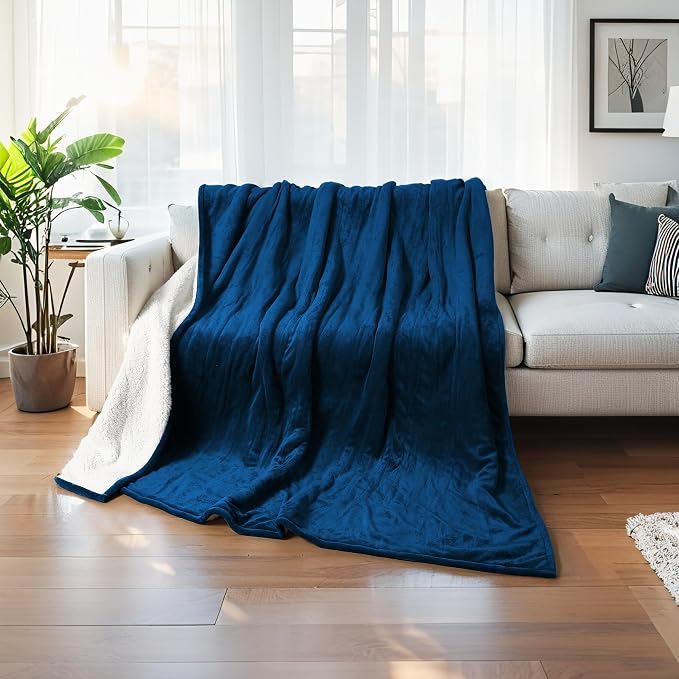 Electric Heated Blanket 62"x84" Twin Size for Safe All Night Rest, Flannel Material&Sheepskin Fabric for Bedroom Couch Use, 5 Heat Settings & 10 Hours Auto Off, Machine Washable, Dark Blue&White