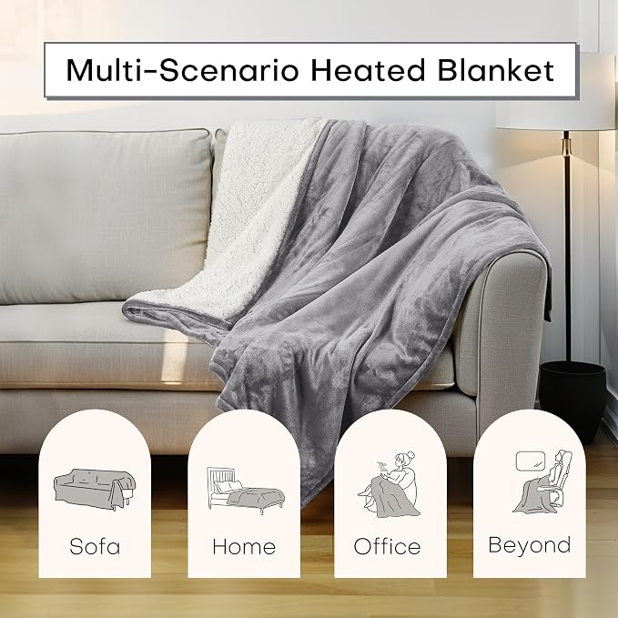 Electric Heated Blanket Throw Size 50"x60" – ETL Certified for Safe Overnight, 5 Heat Settings & 3H Auto Off, Thickened Flannel and Sherpa for Home Theater Night, Machine Washable – Ash Gray