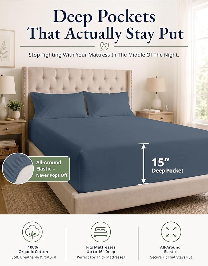 LANE LINEN King Size Fitted Sheet, 100% Organic Cotton, 3-Piece Set (1 Fitted Sheet,2 Pillowcases), Percale Weave, Ultra Soft, Breathable,Fits Mattress Upto 15" Deep - Estate Blue (No Flat Sheet)