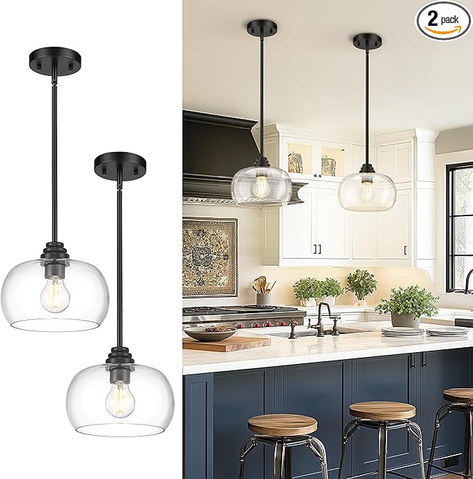 AUTELO 2 Pack Matte Black Pendant Lights, Kitchen Pendant Lights Over Island with Clear Drum Glass, Island Pendant Lights for Kitchen Dining Room Bar, H9385 BK-R-2PK