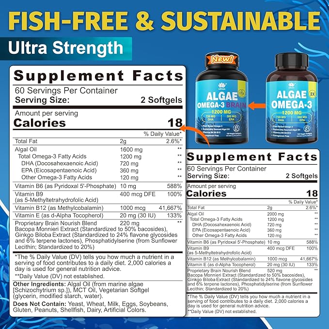 Vegan Omega 3 Supplement, Plant-Based Omega 3 DHA EPA w/Methylated B12, B6, B9, Vitamin E, Bacopa Monnieri, Ginkgo Biloba, 120cts Algae Oil Omega-3 Supplement for Brain, No Fish Taste, Non GMO, 1Pack