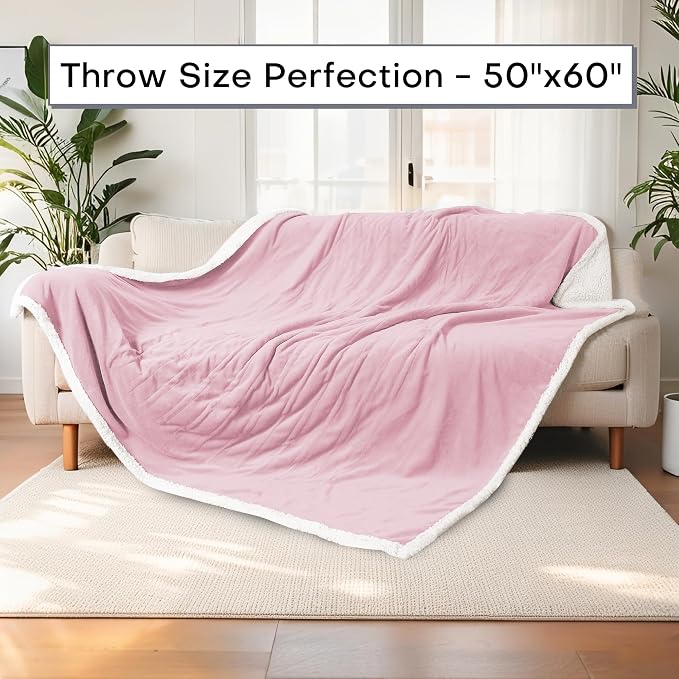 Electric Heated Blanket Throw Size 50"x60" - Dual-Sided with Microplush & Sherpa Fabric, 4 Heat Settings & 3 Hours Auto Off, Machine Washable - Pale Pink