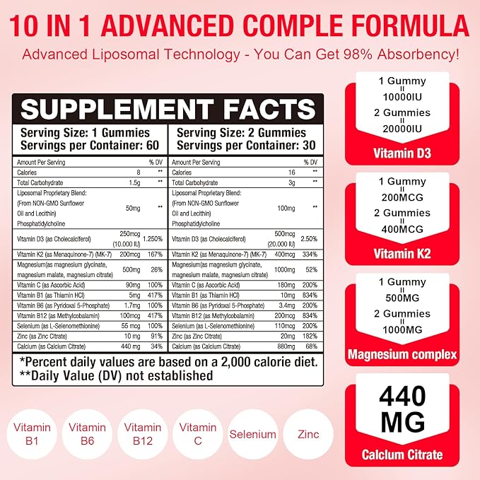 2 Pack Liposomal Vitamin 20,000IU D3 + 400mcg K2 Supplment,Complex Magnesium Glycinate, Malate & Citrate, Calcium, Zinc, Rich In Vitamins B & C, Stress Relief, Relaxation & Bone Support for Adults