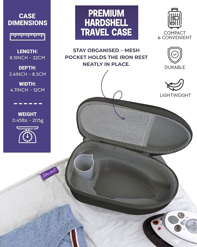 The Quilted Bear Mini Iron, Rest & Ironing Mat - Lightweight Mini Steam Iron with Hard Shell Travel Case, Rest & Ironing Mat - Travel Essentials for Wrinkle Free Clothes & Effortless Quilting (Black)