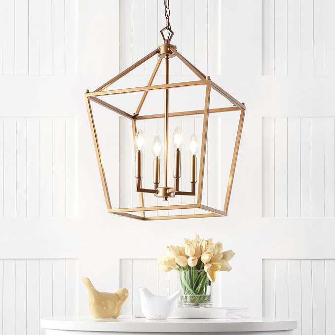 JONATHAN Y 16" Antique Gold Lantern Pendant Light, 4-Light Pagoda Style Metal Cage Farmhouse Hanging Ceiling Fixture for Kitchen Island, LED Bulb Included (JYL7437B)