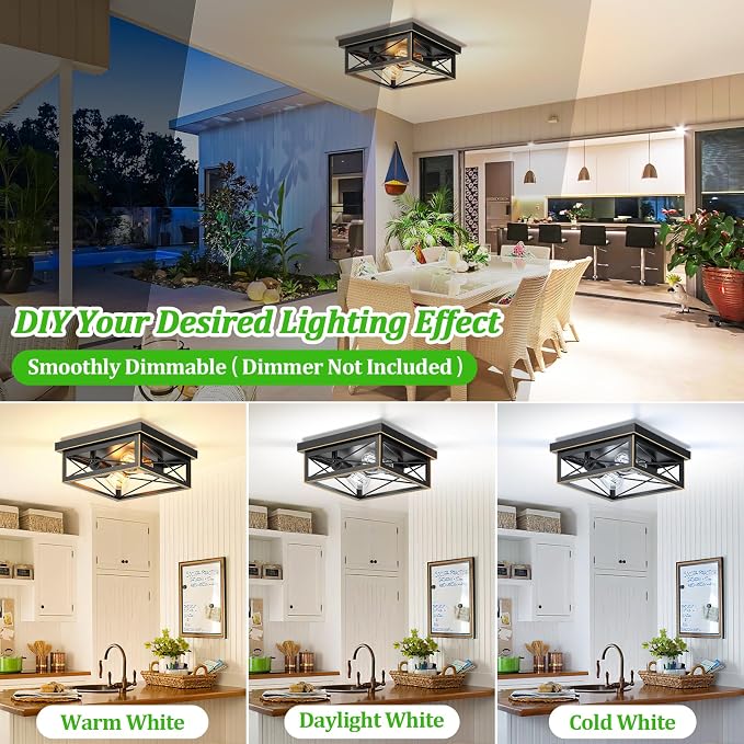 Brushed Gold Hallway Light Fixtures Ceiling, 2-Light Farmhouse Industrial Flush Mount Ceiling Lights, 2-Pack Metal Kitchen Light Fixtures, Close to Ceiling Lights for Bedroom Living Room Entryway
