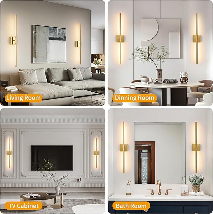Morauroral 40″ Gold Battery Operated Wall Sconces Set of Two, Dimmable Wall Sconces with Remote Control, Rechargeable Sconces Wall Lighting, LED Wireless Wall Lights for Bedroom, Living Room, Bathroom