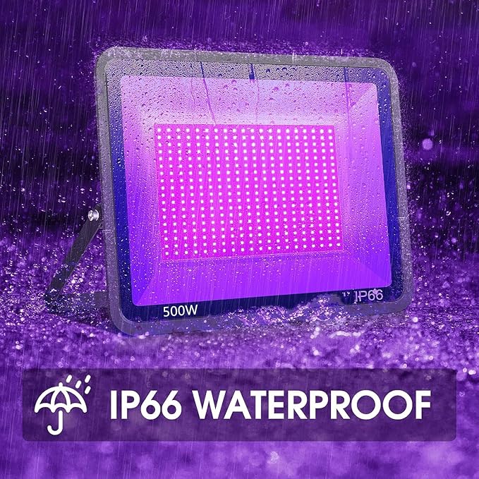 XYCN 4 Pack 500W LED Flood Black Lights,395nm to 405nm UV Outdoor Flood High Power Blacklight Light with Plug in, IP66 Waterproof Large Black Light Spotlight for Glow Party Large Space, Halloween