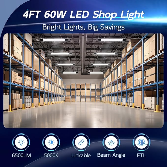 hykolity 2 Pack 4FT Linkable LED Shop Light for Garage, 6500lm, 4FT 60W Utility Light Fixture, 5000K Daylight LED Workbench Light with Plug, Hanging or Surface Mount, Black - ETL