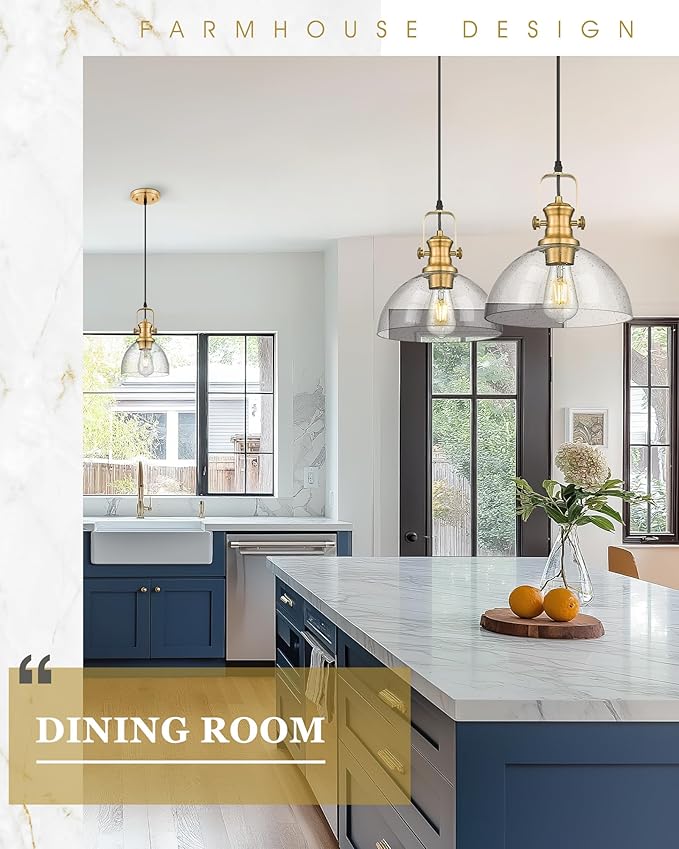 Pendant Lights Kitchen Island, 7.5" Farmhouse Pendant Lighting with Clear Seeded Glass Shade, Vintage Hanging Light Fixtures for Dining Room, Brushed Gold, AD-22151-1P-GD