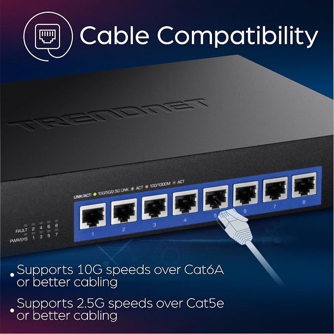 TRENDnet 8-Port 10G Switch, TEG-S708, 8 x 10G RJ-45 Ports, 160Gbps Switching Capacity Rack mountable, Ethernet Splitter, NDAA & TAA Compliant, Lifetime Protection, Black