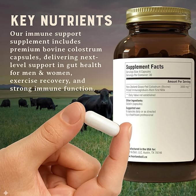 Complément de Colostrum 100% Nourri à l'Herbe HEART & SOIL Issu de Bétail d'Élevage Régénératif pour la Santé Intestinale, Musculaire et Immunitaire – Gélules de Colostrum Bovin 3000mg – Santé Intestinale pour Hommes et Femmes – 180 Gélules