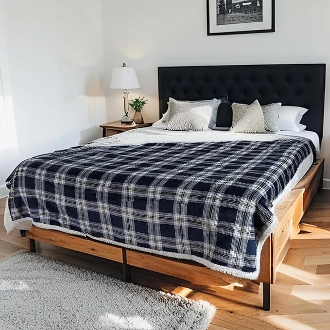 Electric Heated Blanket 72"x84" Full Size, Dual-Sided Flannel & Sherpa, 9 Heat Settings & 1-10H Auto Off, Soft Warm for Home Office Bed Couch, Machine Washable, Ideal Winter Gift, Geometric Grid
