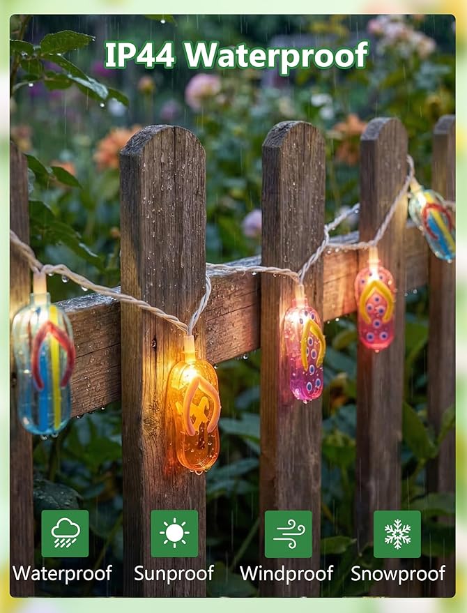 Summer Beach Flip Flop String Lights Plug in, 8.5FT Outdoor Hawaiian Tropical Themed Decoration Lights with 10 LED Multicolor Beach Slipper Lights for Patio Party Birthday Home Window Tent Home Decor